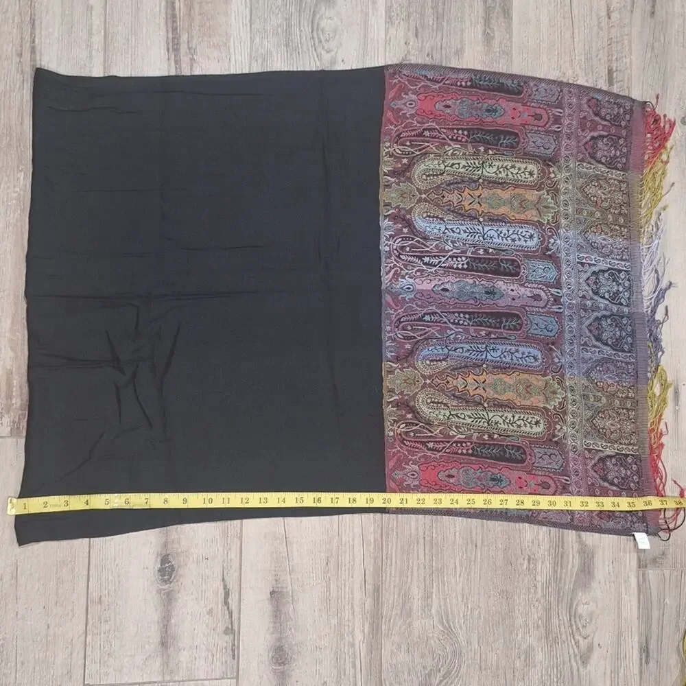 Cost Plus World Market Black & Paisley Fringe Rayon Wrap Scarf Shawl  #1324